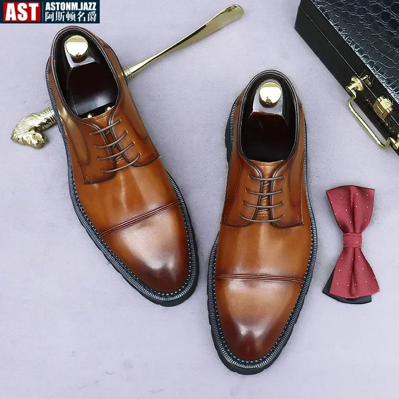 Retro Mens Dress Shoes Luxury Genuine Leather Platform British Trend Handmade Quality Comfortable Wedding Social Shoes Man