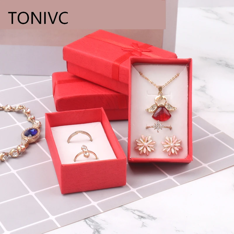 New Red 5*8cm Square Cardboard Bow Design Ring Display Gift Boxes Jewelry Organizer Storage Necklace Jewellry Packaging Tray practical multifunctional stylish convenient square solid color bow design ring necklace earrings jewelry storage box case