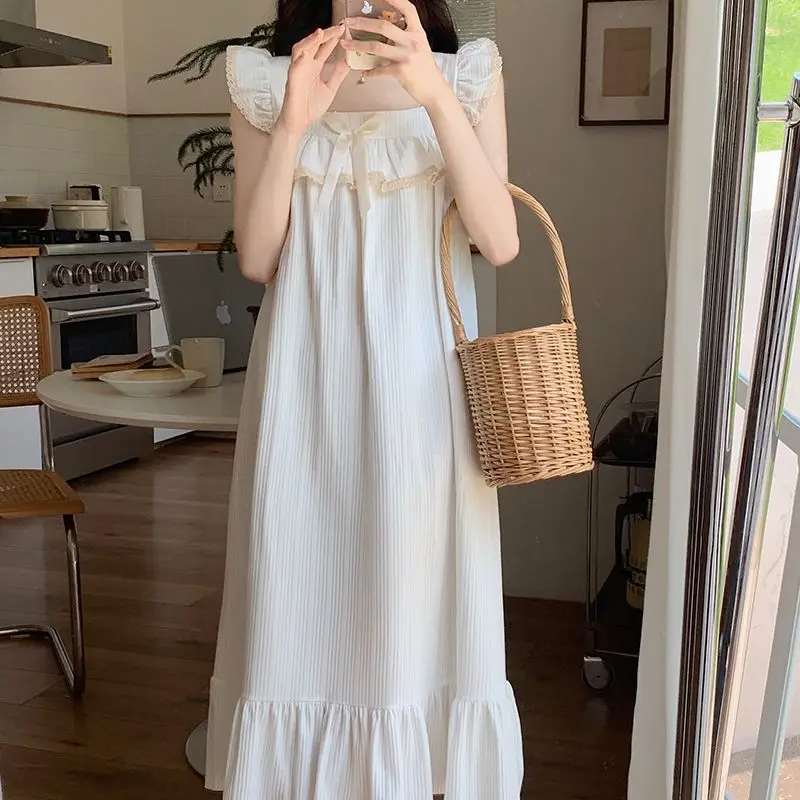 Kawaii Clothes Sleepwear Women Summer Cotton Nightgown Dresses Bow Tie Ruffle Loungewear Homewear Korean Loose Pajamas