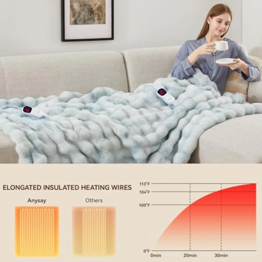 Electric Heated Blanket Throw with 1 2 4 6 8 Hours AutoOff Function 10 Adjustable Heat Levels 90'' x 100'' Cozy Faux Rabbit Fur