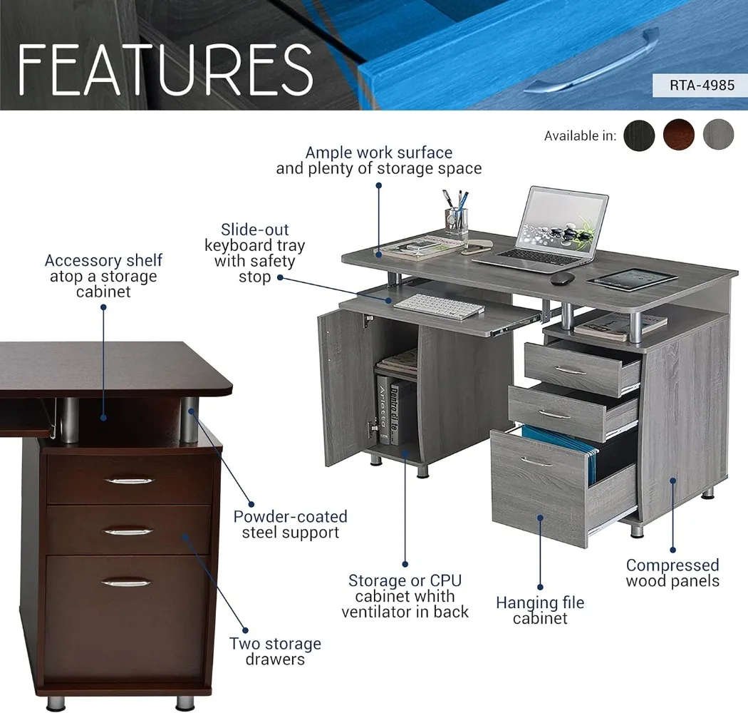 47.25" Ergonomic Computer Drawers File Cabinet for Home Office Storage Espresso Writing Desk ONE Size