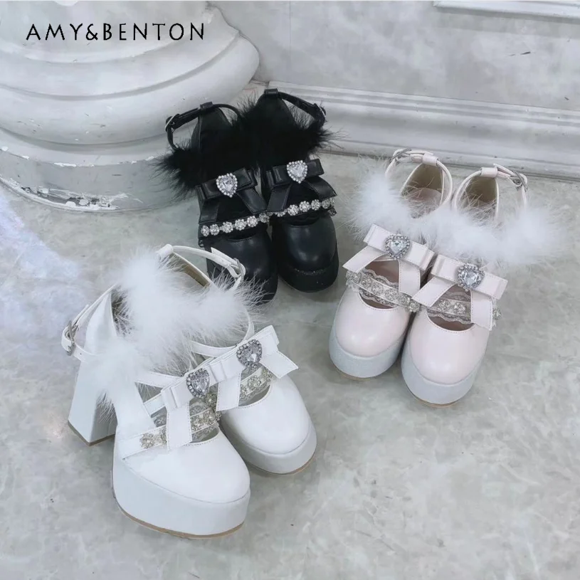 

Japanese Sweet Cute Mine Hair Ring Bow High Heels Shoes Women's Waterproof Platform Round Toe Single-Layer Shoes Autumn Shoes