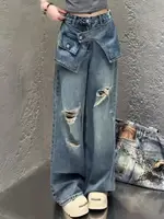 Streetwear Harajuku Jeans for Women Pantalones Vaqueros Mujer Chic Fake Two Denim Trousers Casual Straight Y2k Wide Leg Pants 1