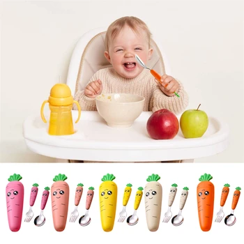 2PCS Stainless Steel Spoon Fork Flatware With Box Children Carrots Tableware Set Kids Dinnerware Baby Feeding Kitchen Supplies 2