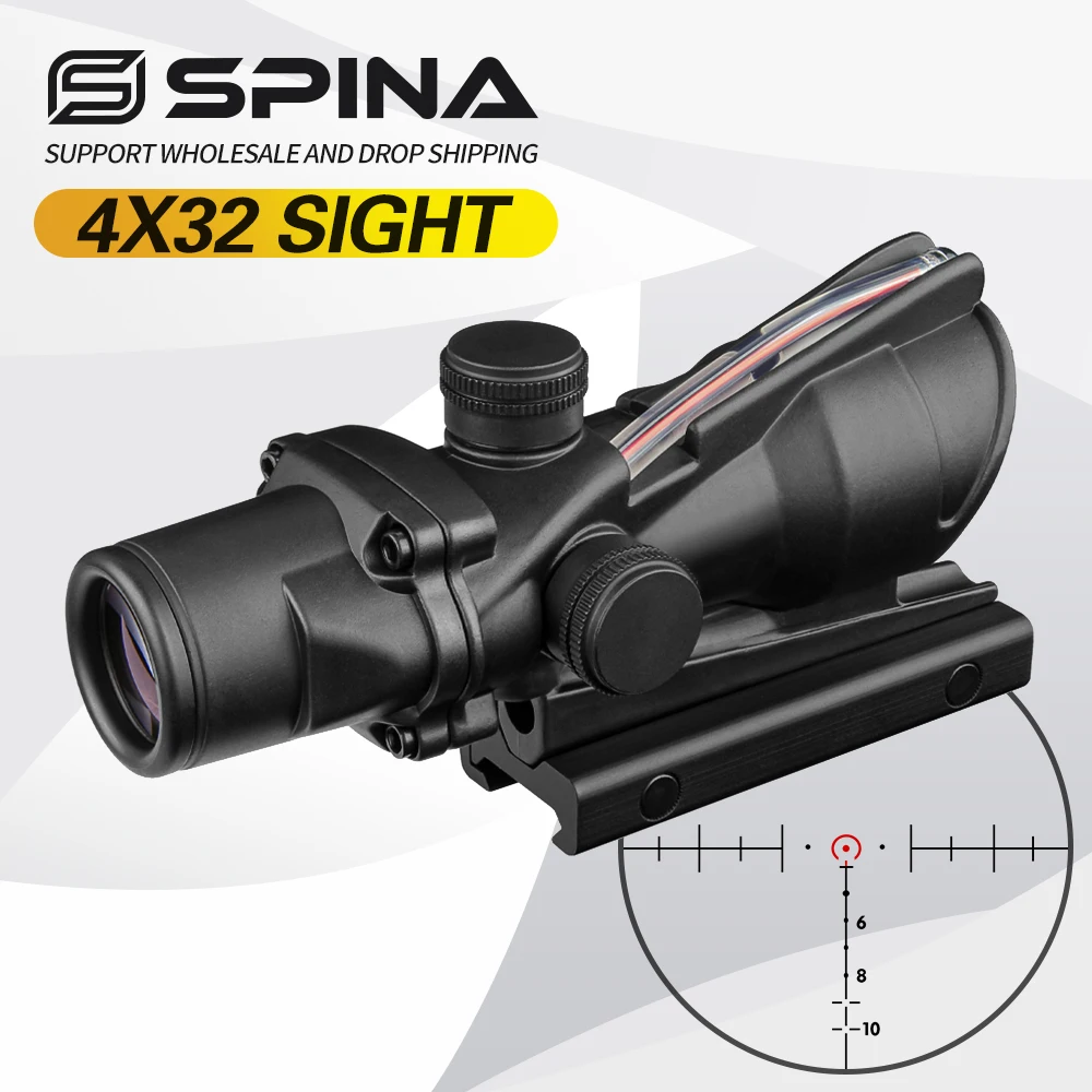 US Hunt Rifle Scope ACOG 4X32 Optics Sight Tactical Reticle Real Red Green Fiber 
