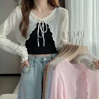 Summer Women Thin Sunscreen Cardigan Lace-up Knitwear Tops Female Korean Style Lantern Sleeve Short Coat Casual Sun Protected 1
