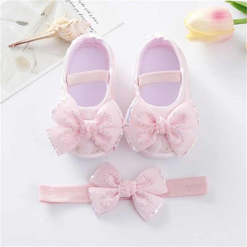 Infant Girls Sparkly Glitter Mary Jane Shoes Bow Matching Headband Set For Dressy Occasions Photoshoots