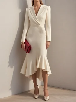 Elegante Abito Midi a Sirena con Collo a Risvolto, Maniche Lunghe e Vita Arricciata per Donna, Ideale per Ufficio, Feste e Occasioni Formali