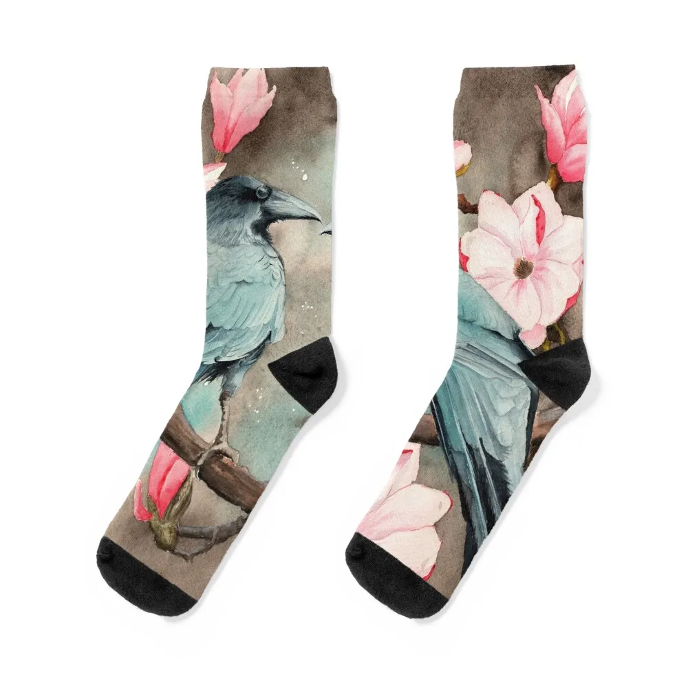 Watercolor picture of two ravens on the magnolia Socks socks Men's warm socks summer Running socks Socks For Men Women's