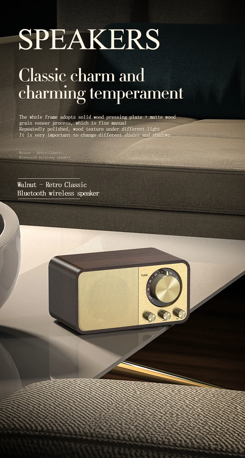 Portable BT 5.0 Super Powerful Retro Bluetooth Speaker Wooden Strong Bass with 1