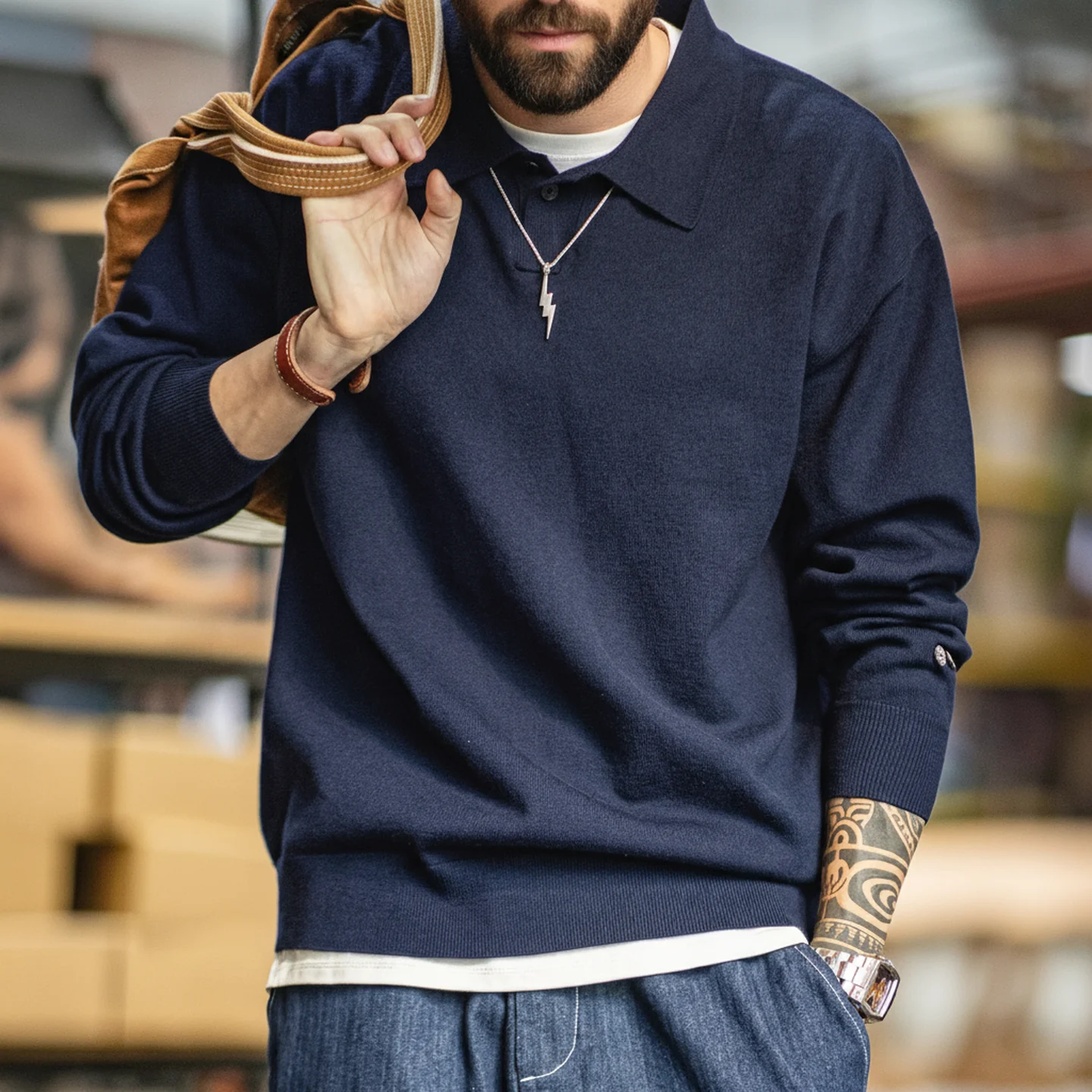 Maden Polo da uomo vintage lavorata a maglia tinta unita felpa a maniche lunghe morbida risvolto strato pullover maglieria per pendolari autunnali - immagine 3