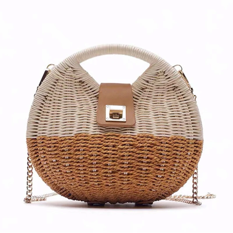 

Women Straw Bag Rattan Woven Round Chain Handbag Large Capacity Buckle Shoulder Tote Purse Lady Holiday Wood Handle Shopping Bag