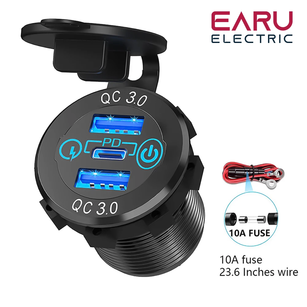 EARU YJ-DS2112 Car USB Charger Socket Metal 60W Cars accessories 12/24V USB Outlet PD USB-C & Two QC3.0 Ports Touch Switch For Boat Marine