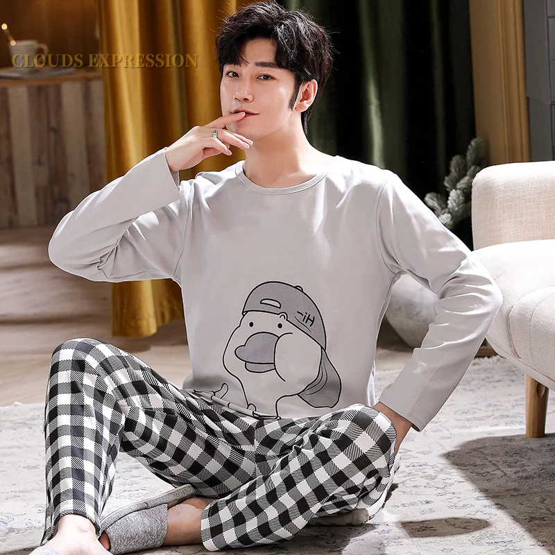 Autumn Winter Men's Cotton Pajamas Letter Striped Sleepwear Cartoon Pajama Sets Casual Sleep&Lounge Pyjamas Plus Size 4XL Pijama