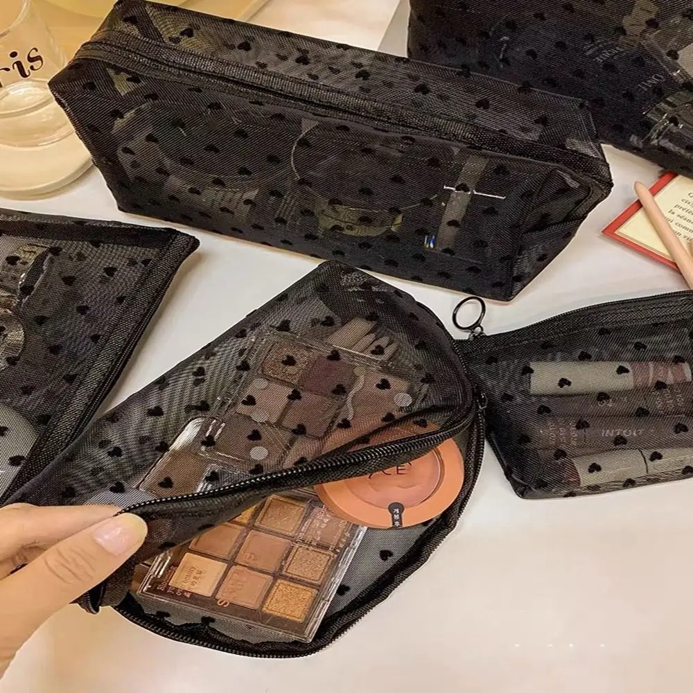 Heart Transparent Mesh Makeup Bag Black/Pink Multifunction Women Cosmetic Storage Pouch Portable Lipstick Organizer Bags
