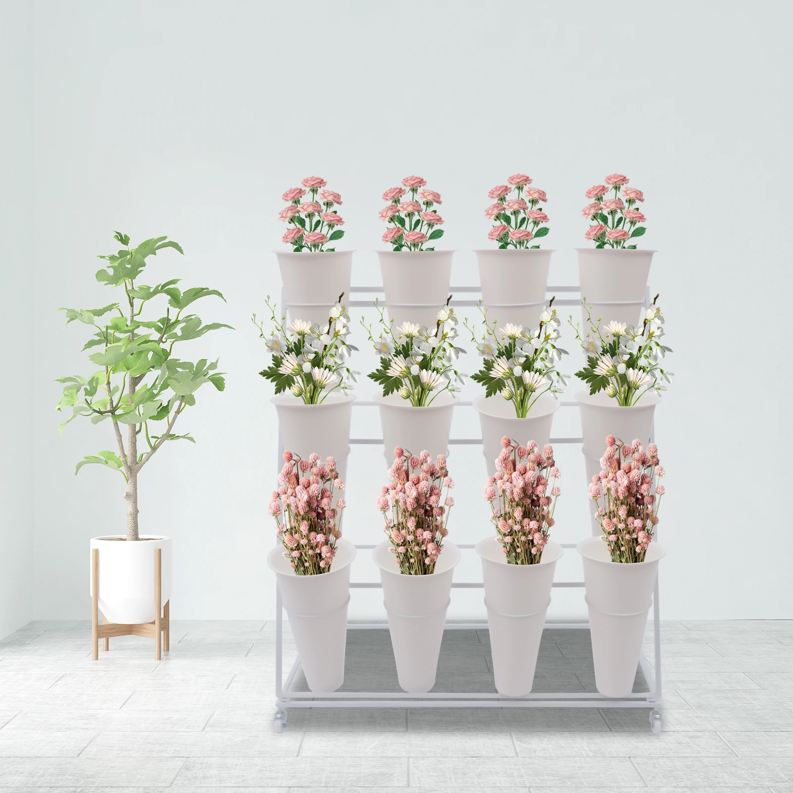 3 Layers Metal Plant Stand with Wheels,Modern Plant Shelf with Flower Bucket,Indoor Outdoor Flower Display Stand Rack