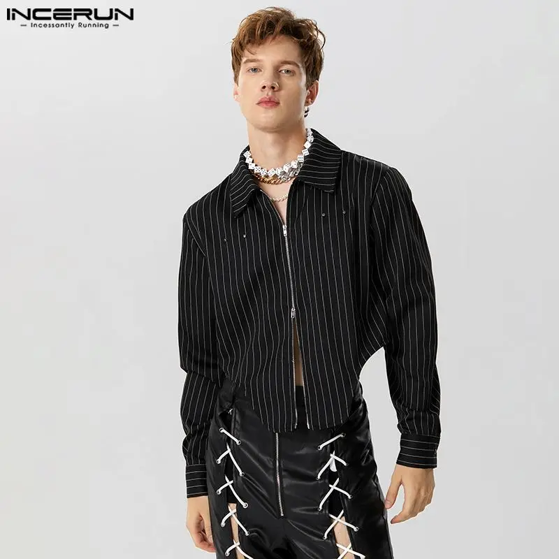 

Handsome Well Fitting Tops INCERUN New Men Striped Lapel Zipper Design Shirts Handsome Male Personalized Curved Hem Blouse S-5XL