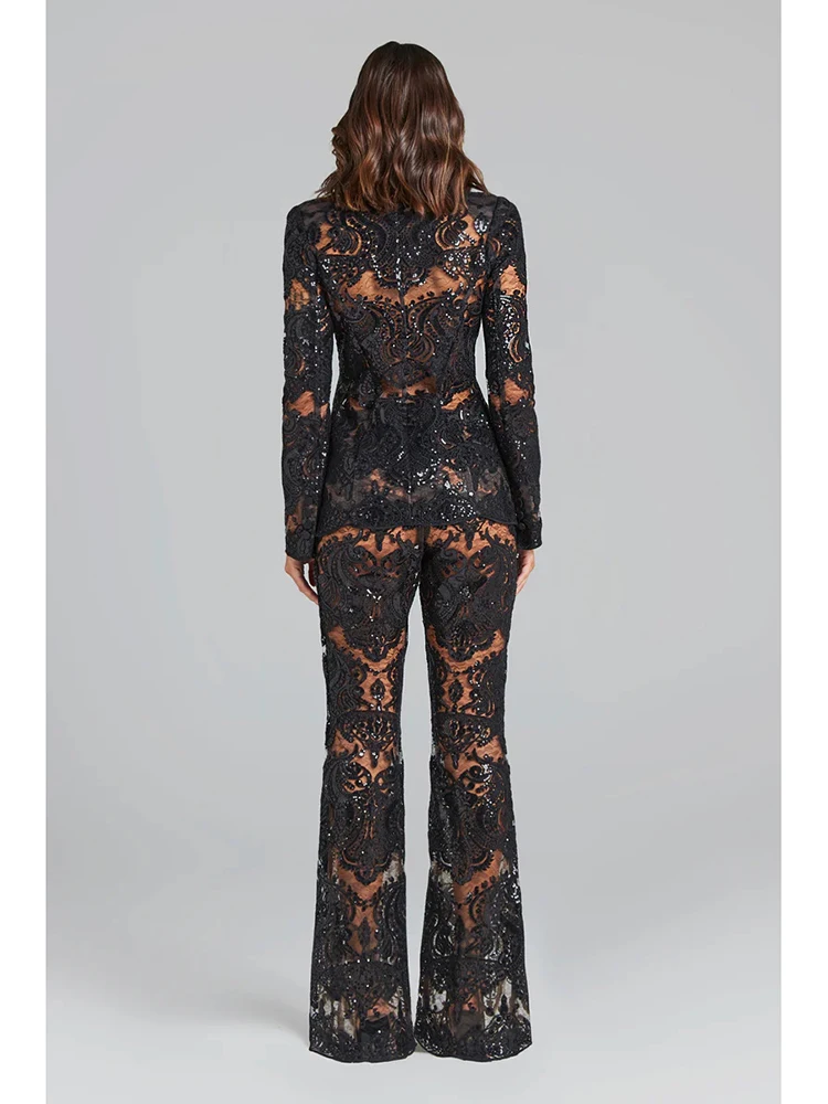 HIGH STREET Newest 2024 Designer Runway Suit Set Women's Single Button Guipure Lace Blazer  Flare Pants Set 2