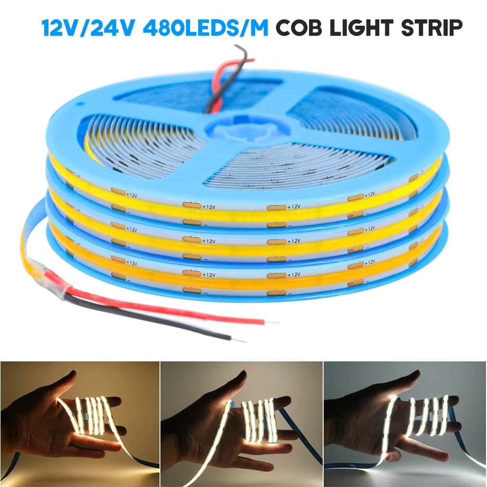 

COB LED Strip Light DC12V 24V 480LEDs High Density Flexible FOB COB Tape Lights Warm Nature Cool White Linear Dimmable Ribbon