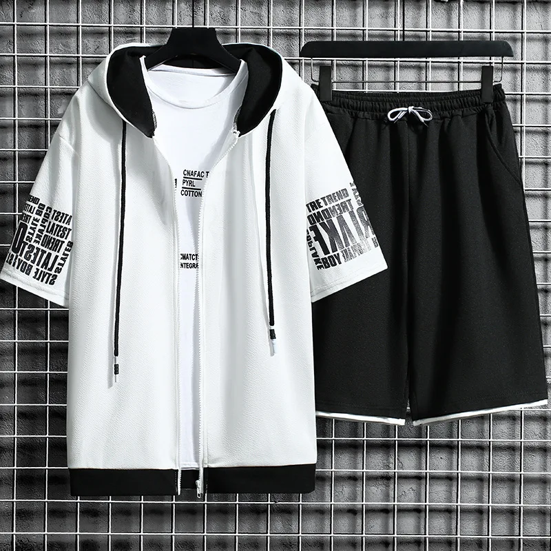 

2024 Spring and Summer New Men's Cardigan Hoodie Set Youth Hooded Leisure Sportswear Two Piece Set