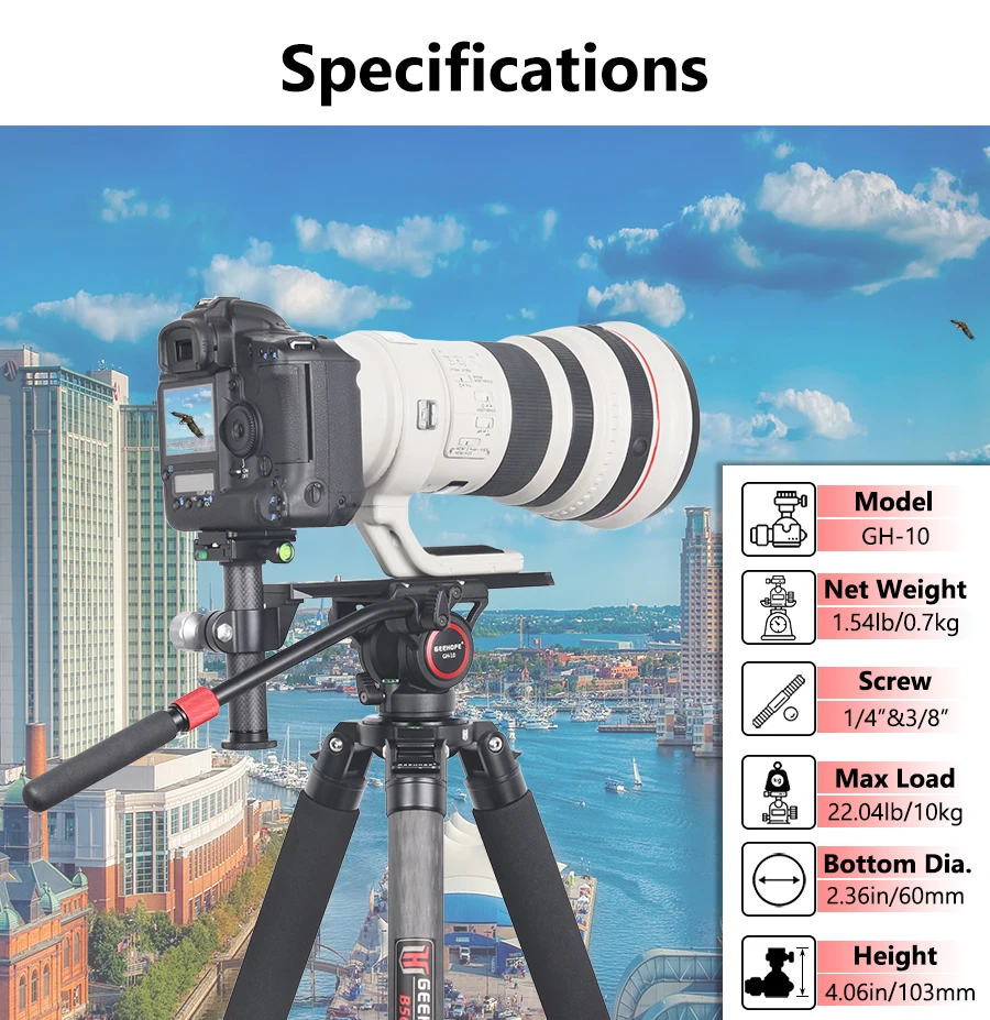 GH-10 Fluid Video Head, with 1/4" and 3/8" Screws Sliding Plate Maxload 10kg fo