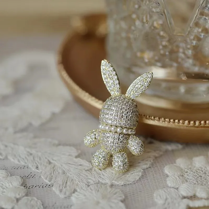 Small Cute Rhinestone Rabbit Brooches for Women Antique Gold