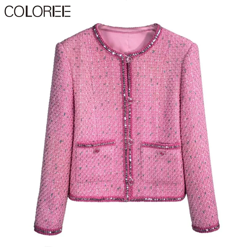 

Pink Tweed Jaccket Women Autumn Winter Elegant O-neck Luxury Sequined Jaqueta Feminina Abrigos Mujer Invierno 2023 Rebajas