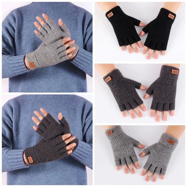 Men Knitting Gloves Fingerless Winter Alpaca Wool Half Finger Hand Warm  Mitten 