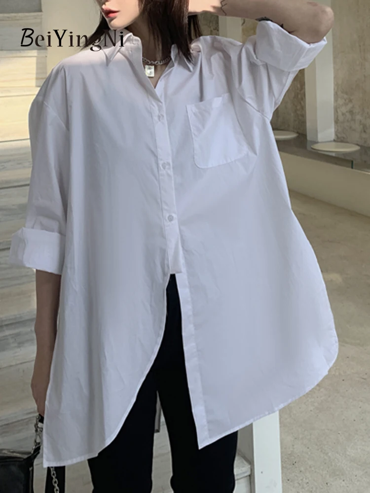 

Beiyingni Women Long Oversize Shirts White Black Casual BF Buttons Full Sleeve Korean Y2K Blouses Irregular Female Tops OL Shirt