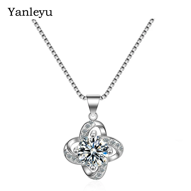 

Yanleyu Solid 925 Silver Color Chain Lucky Four Clover Zircon CZ Flower Pendant Necklace Jewelry Accessories Gift PN014