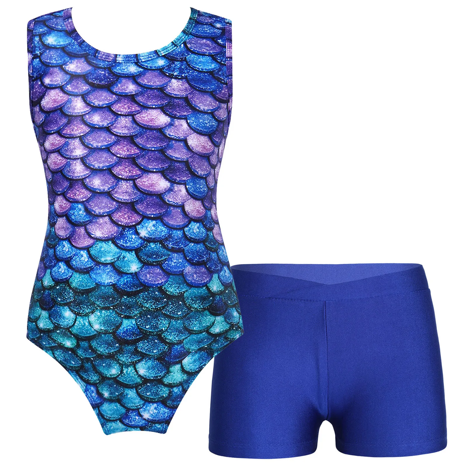 

Kids Girls Ballet Dance Leotard Sleeveless Criss Cross Print Bodysuit with Shorts for Gymnastics Skating Sport Workout Swimwear