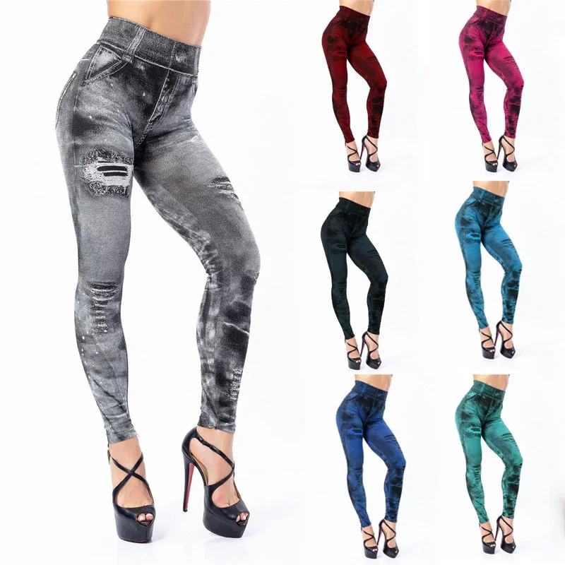 

2024 Sexy Astic Imitation Jeans Leggings Women Stretch High Waist Pants Fitness Slim Push Up Leggings For Women Summer Breeches