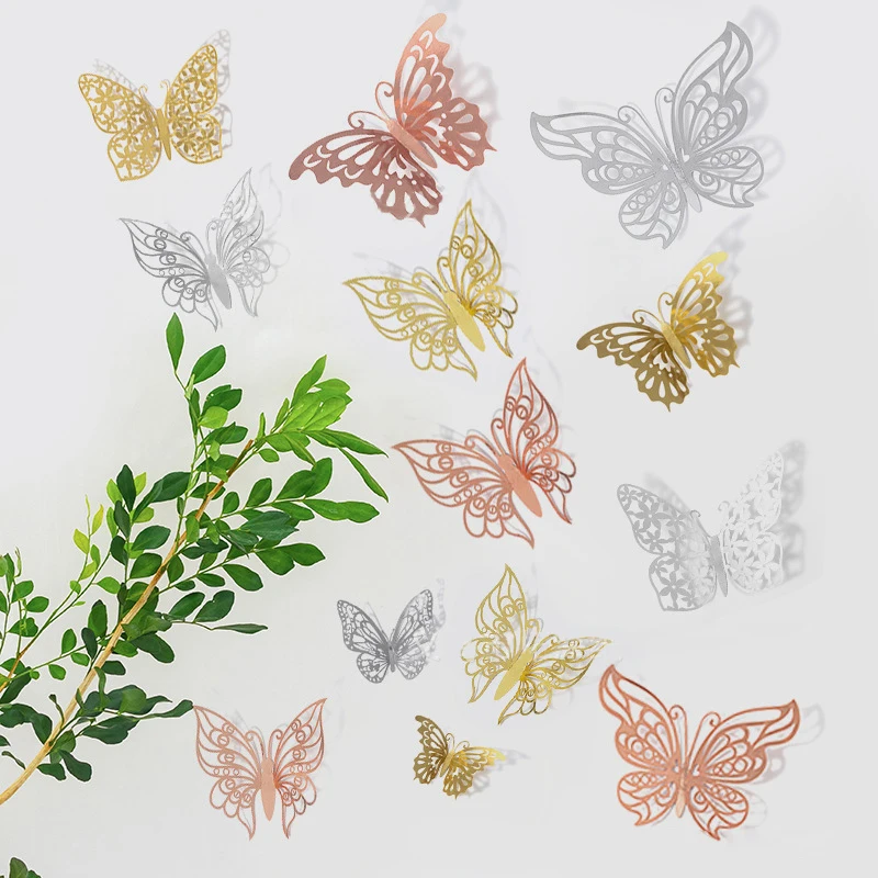 

12Pcs/Set 3D Hollow Butterfly Wall Sticker Gold Silver Rose Wedding Decoration Living Room Home Decor Butterflies Decal Stickers