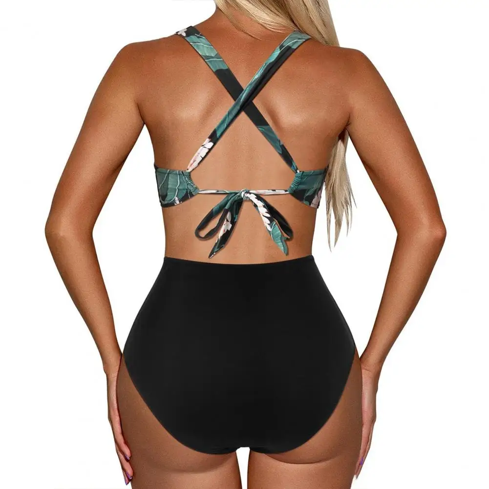 

Sexy Backless Swimsuit Floral Print Halter One-piece Swimsuit with High Waist Ruching Lace-up Back Women's Beachwear Monokini
