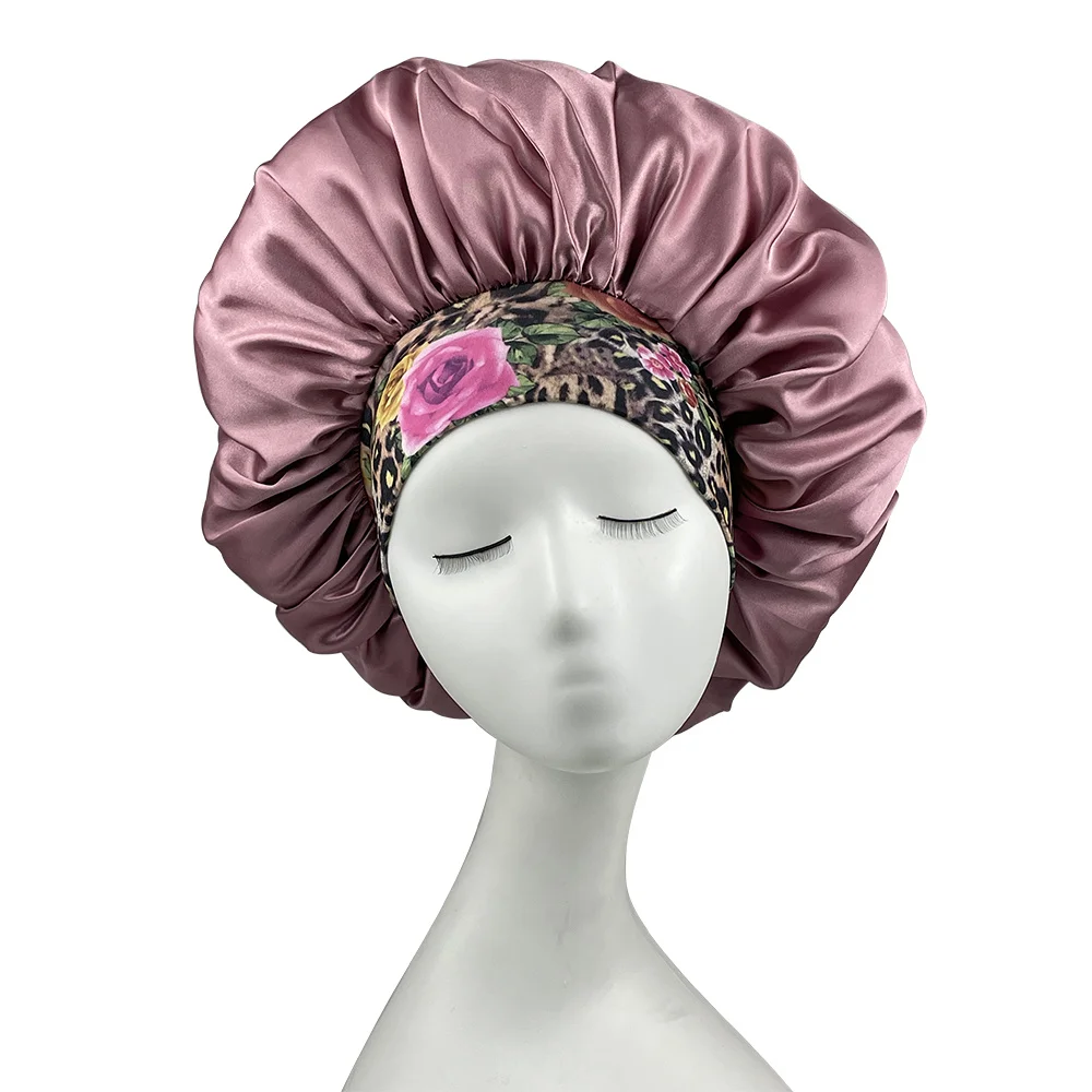 Women Satin Bonnet Floral Print Spandex Wide Stretchy Band Bonnet Satin Cheveux Nuit Silk Sleeping Night Cap Bonnets for Women 4