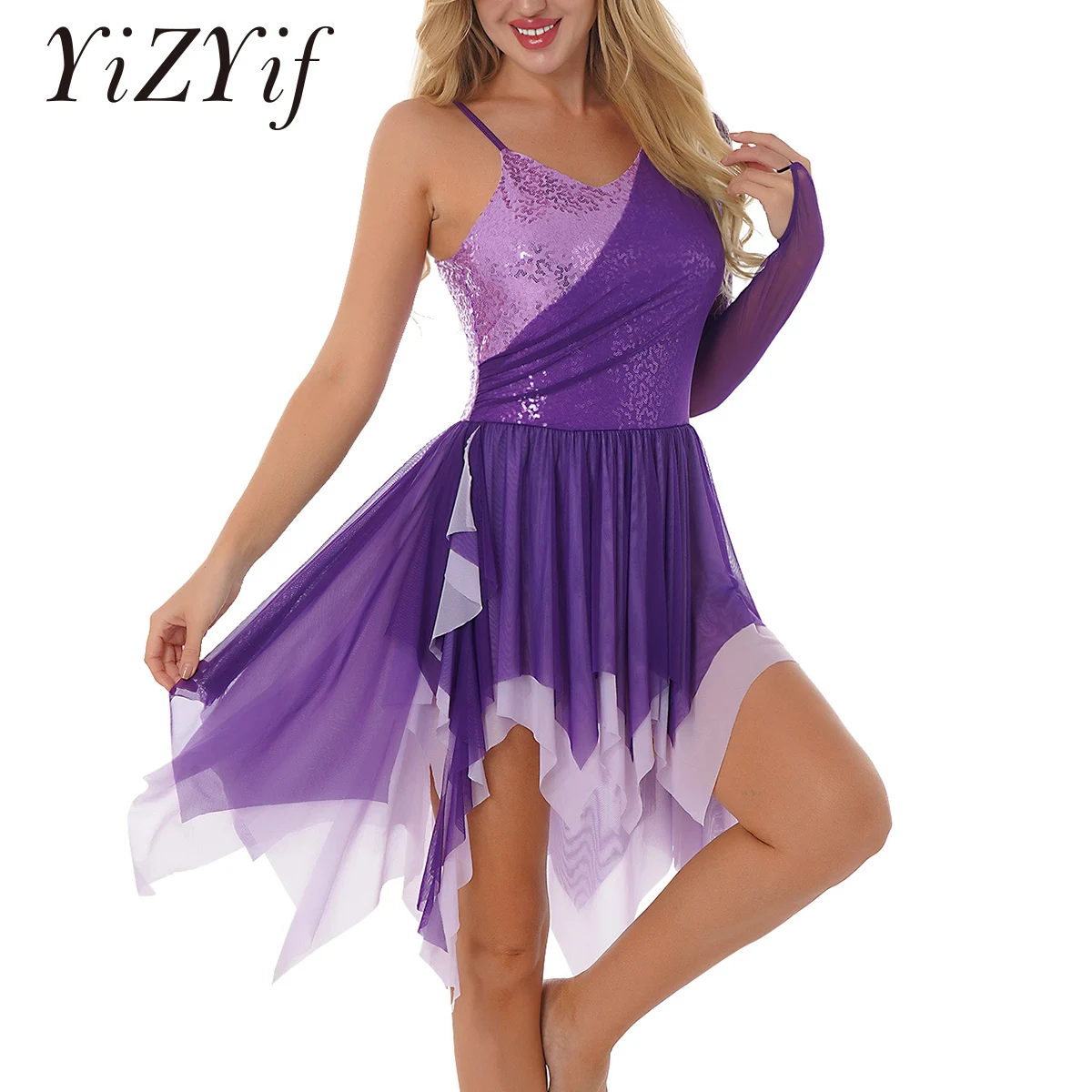 

Womens Sequin Ballet Dance Dress One Shoulder See-through Mesh Gymnastic Figure Skating Training Costume Lyrical Dancewear