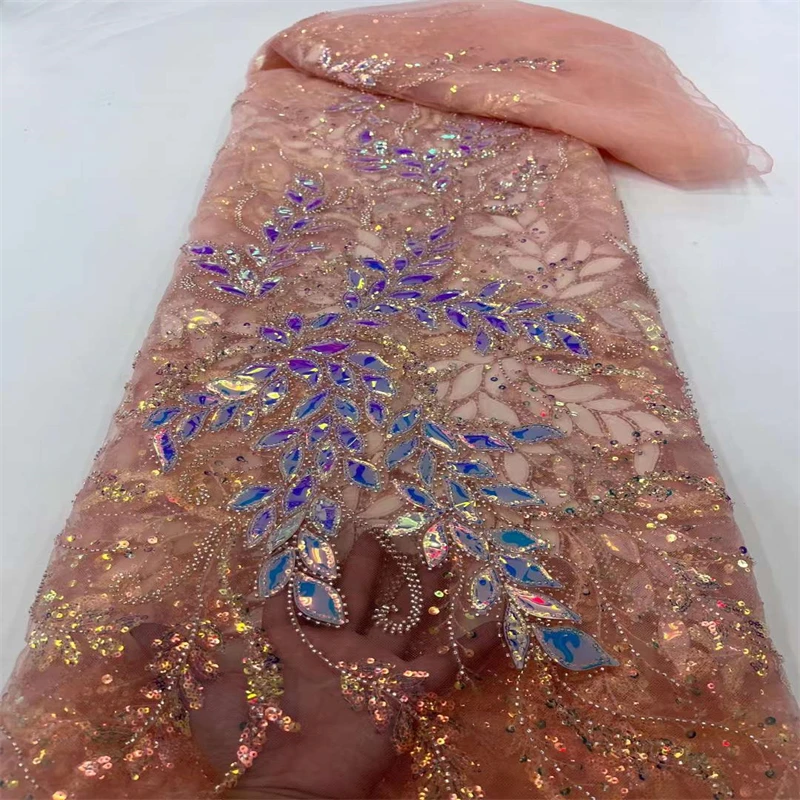  Luxury 2022 Women\'s Sewing Material 5 Yards High Quality Sequins/beads Embroidery Nigerian Lace Fabric For Party Dress CD-375