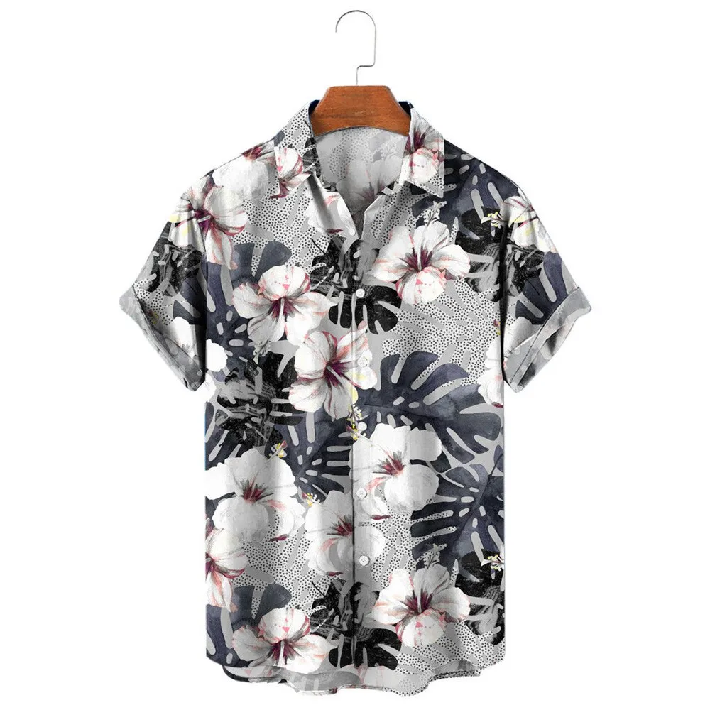 

HX Fashion Men's Shirts Hawaii Plant Hibiscus Monstera 3D Printed Casual Shirt Summer Beach Shirt Camisas Men Clothing