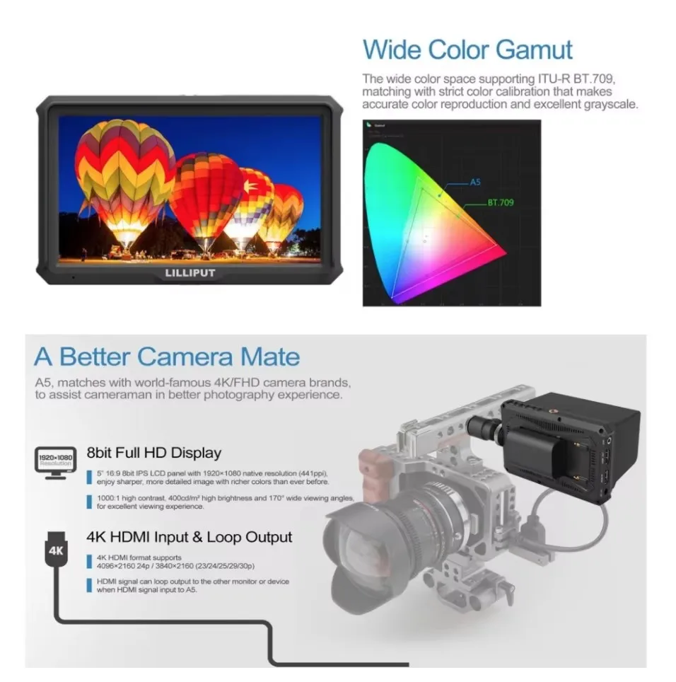 Lilliput A5 5" IPS 4K HDMI-compatible Camera Monitor for DSLR or Mirrorless Camera, Camera-top Field Video Monitor