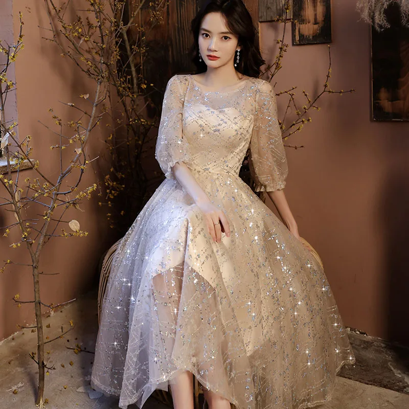 New Short Sequin Tulle Champagne Color Prom Dress DongCMY Plus Size Elegant Robes Soirees A-Line Evening Party For Women