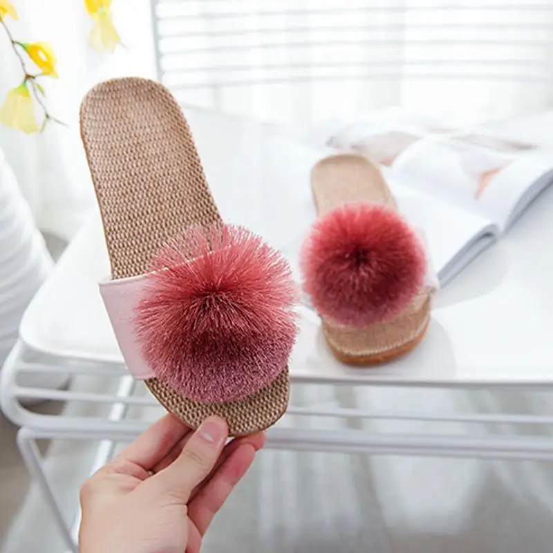 Linen Platform Slippers Women Home Hairball Designer Shoes Girls Fashion Casual House Elegant Slippers Flats Open Toe Indoor — view 6