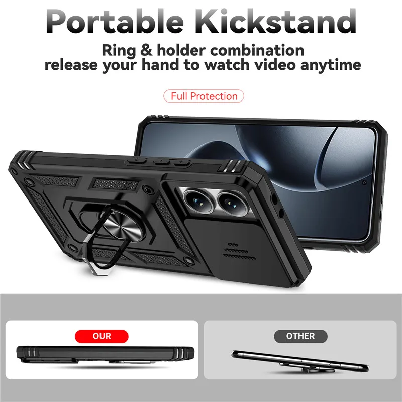 Military Armor Slide Camera Case with Magnetic Ring Holder - Durable Protective Phone Cover
