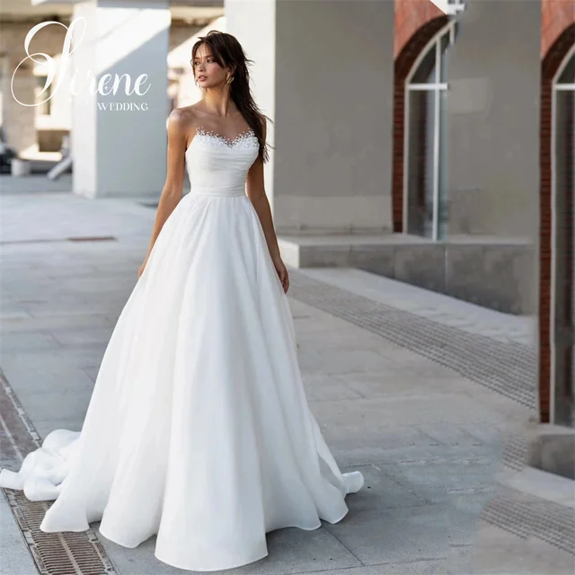 Sirene طول الأرض رقبة على شكل قلب تول لؤلؤ فساتين زفاف بدون أكمام أنيقة وبسيطة الطيات على شكل حرف a زي العرائس حسب الطلب 1