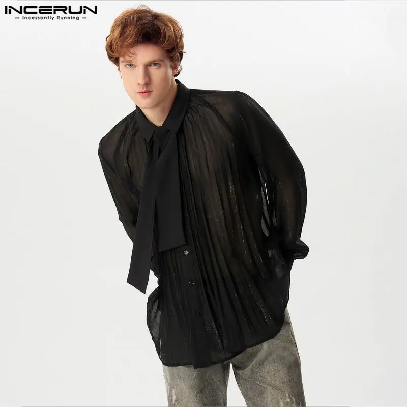 

2024 INCERUN Men Sexy Shirt Mesh See Through Lapel Long Sleeve Camisas Tie Pleated Solid Party Men Clothing Tops Streetwear