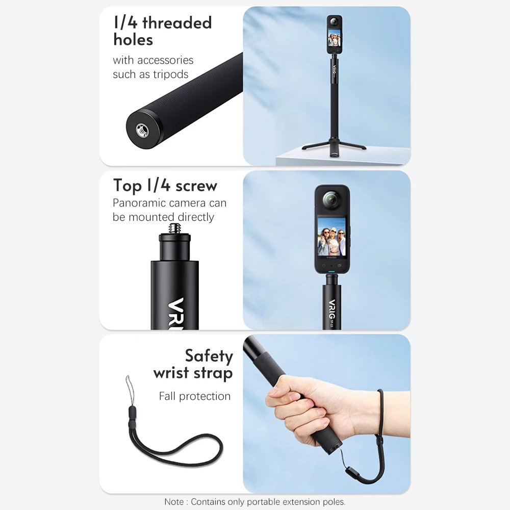 VRIG TP-13 INSTA360 X2/X3 GoPro 12/11/10/9용 53.5인치 셀카봉 알루미늄 합금 6개 섹션(1/4인치 나사 및 마운트 어댑터 포함)