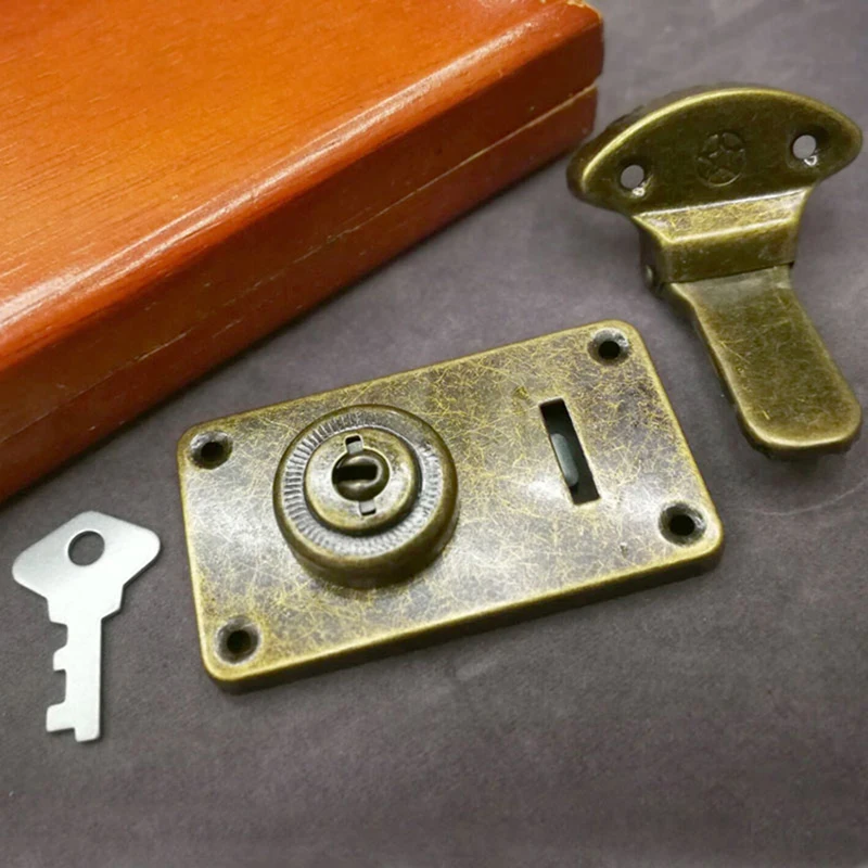 Antique Cabinet Hasp Latch Kit with Key Vintage Suitcase Box Latch Lock for Jewelry Box Wooden Case Furniture Decoration