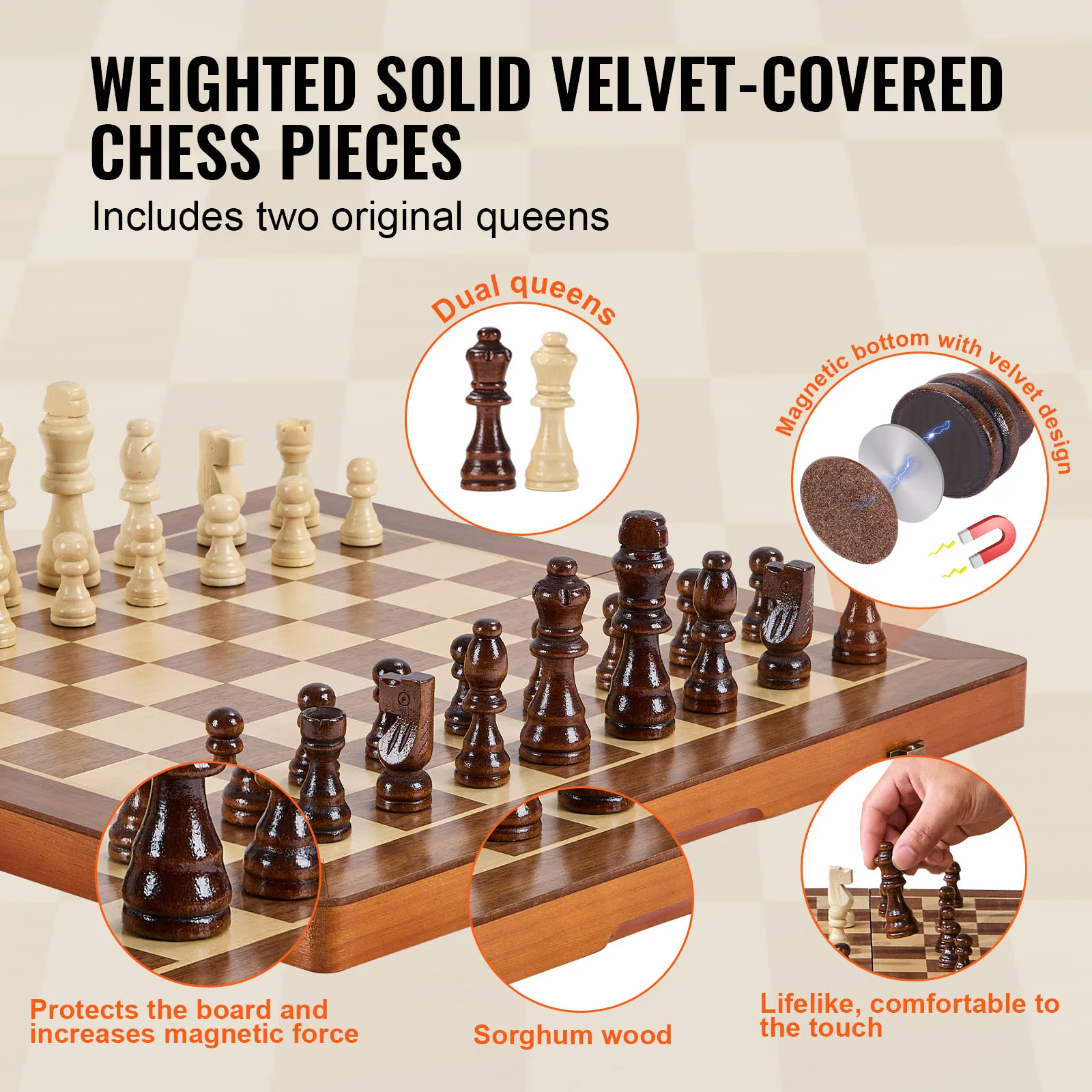 VEVOR 15inch Magnetic Wooden Chess Set 2-IN-1 Chess Checkers Game Set Folding Chess Board Games for Adults Kids 2 Queens Port 5