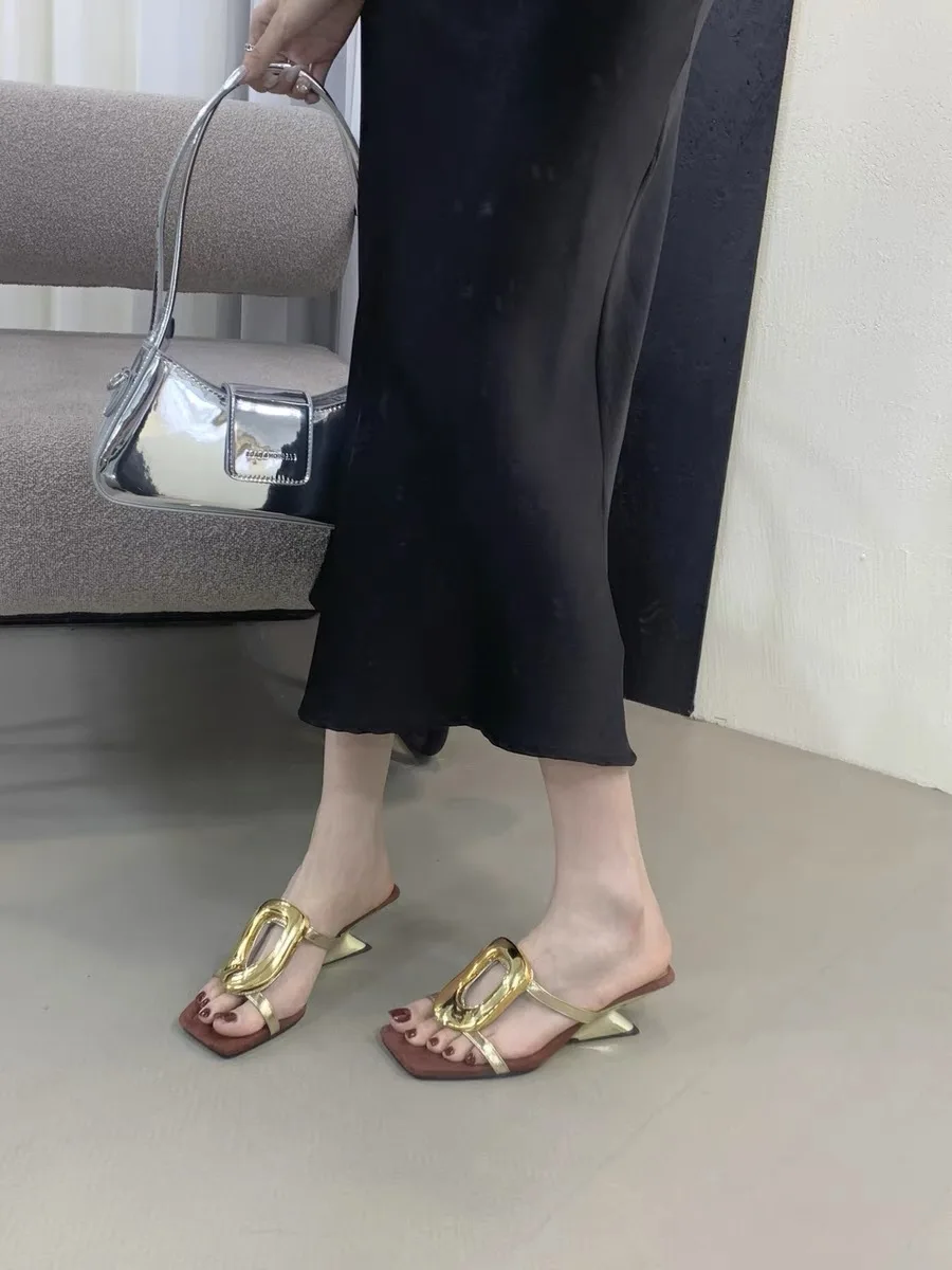 2024 New Gold Slope Heel Women's Slippers Metal Buckle One Word Drag Heels Summer High Heeled Sandals Dress Shoes