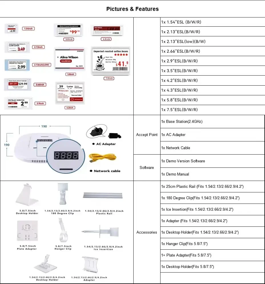 10 pcs Epaper label 2.4GHz Electronic shelf label samples Eink display ESL price tag package retail shop ESL demo kit