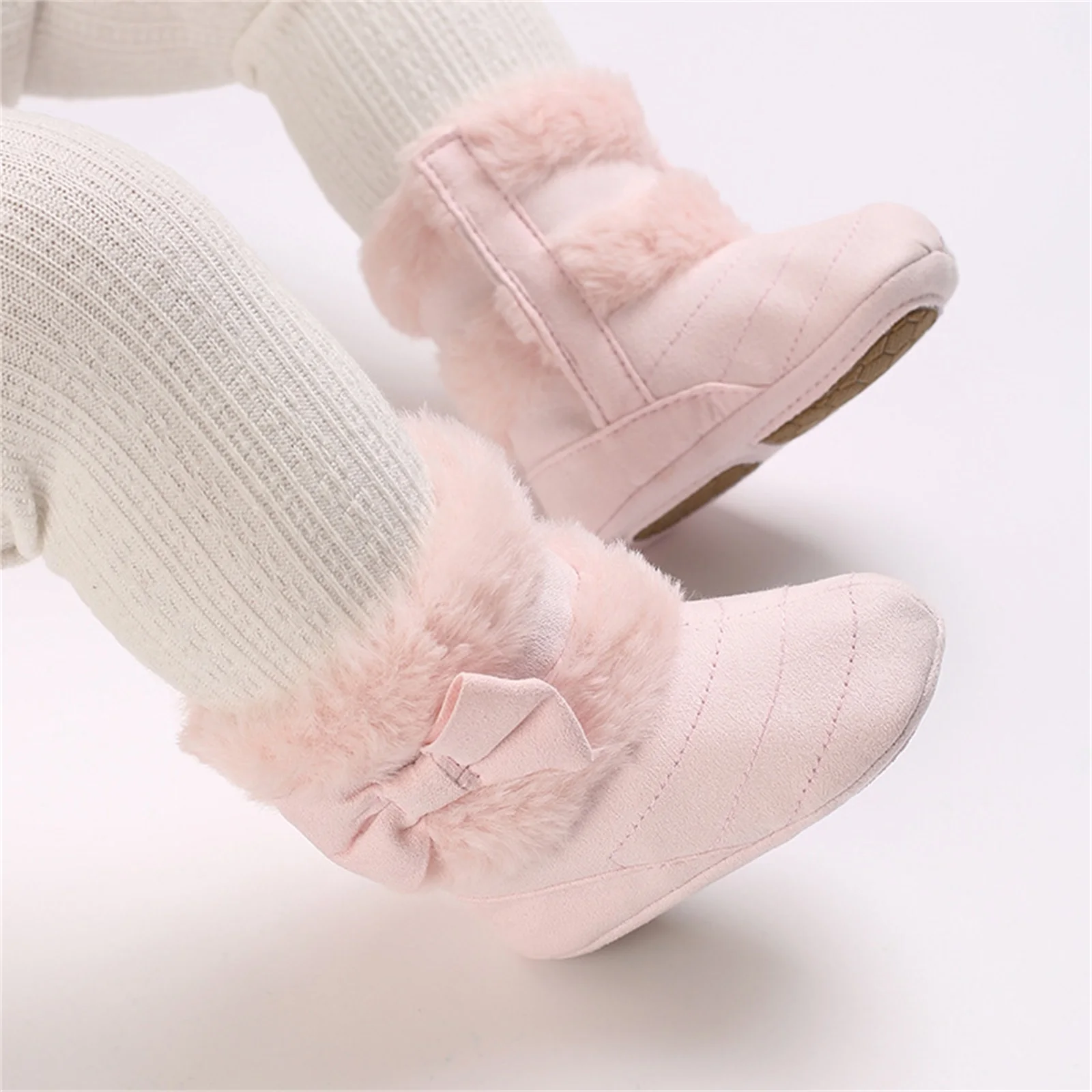 Baby Boots Girls Winter Snow Boots Cute Bowknot Fuzzy Crib Shoes Infant Warm First Walker with Non-Skid Soles